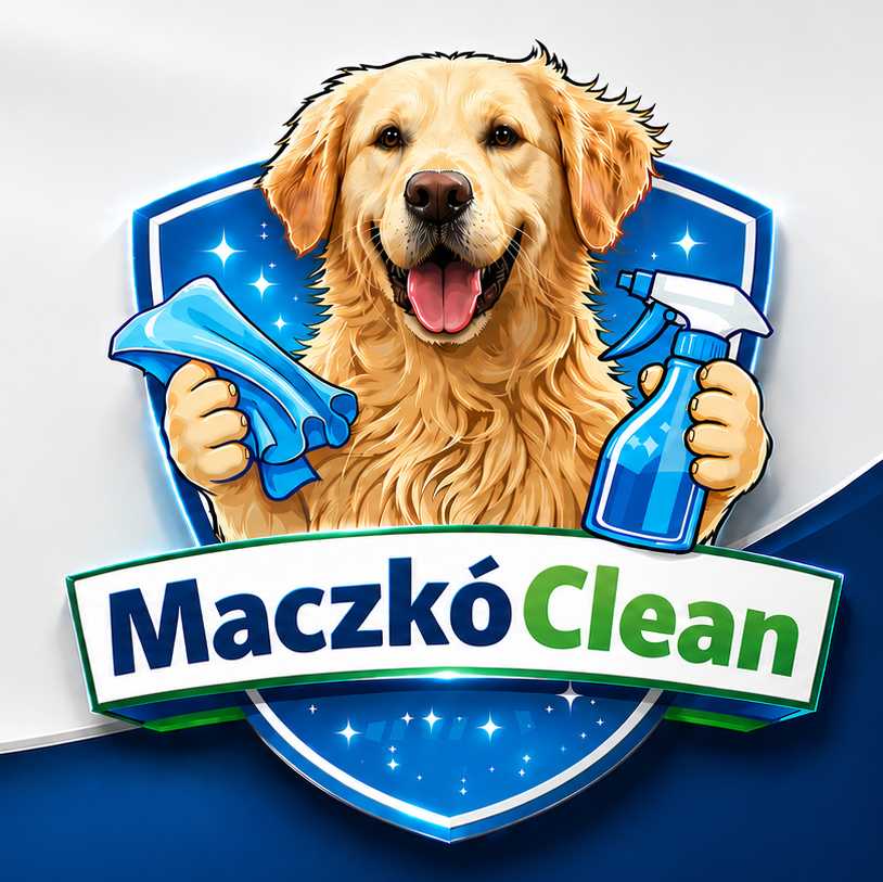 Aranyszőrű kutya kék pajzs előtt, tisztítószerekkel és „MaczkóClean” felirattal.