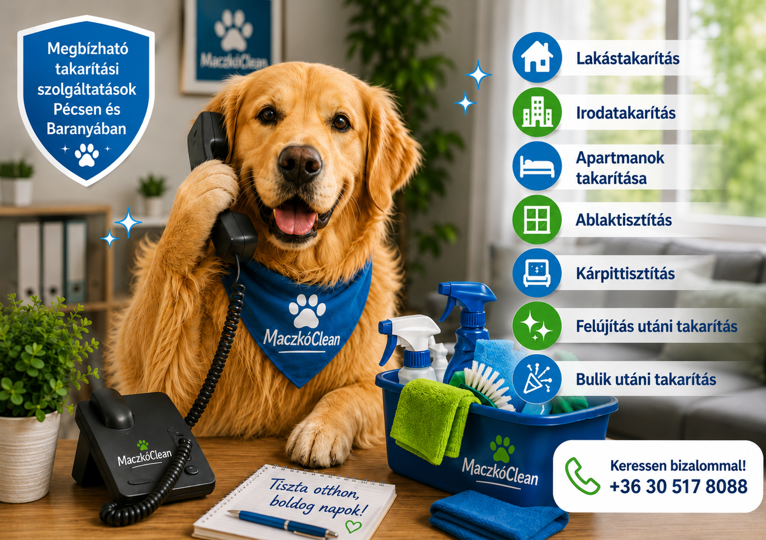 Aranyszőrű kutya porszívóval és tisztítószerekkel, szolgáltatásokat jelző ikonokkal és telefonszámmal.