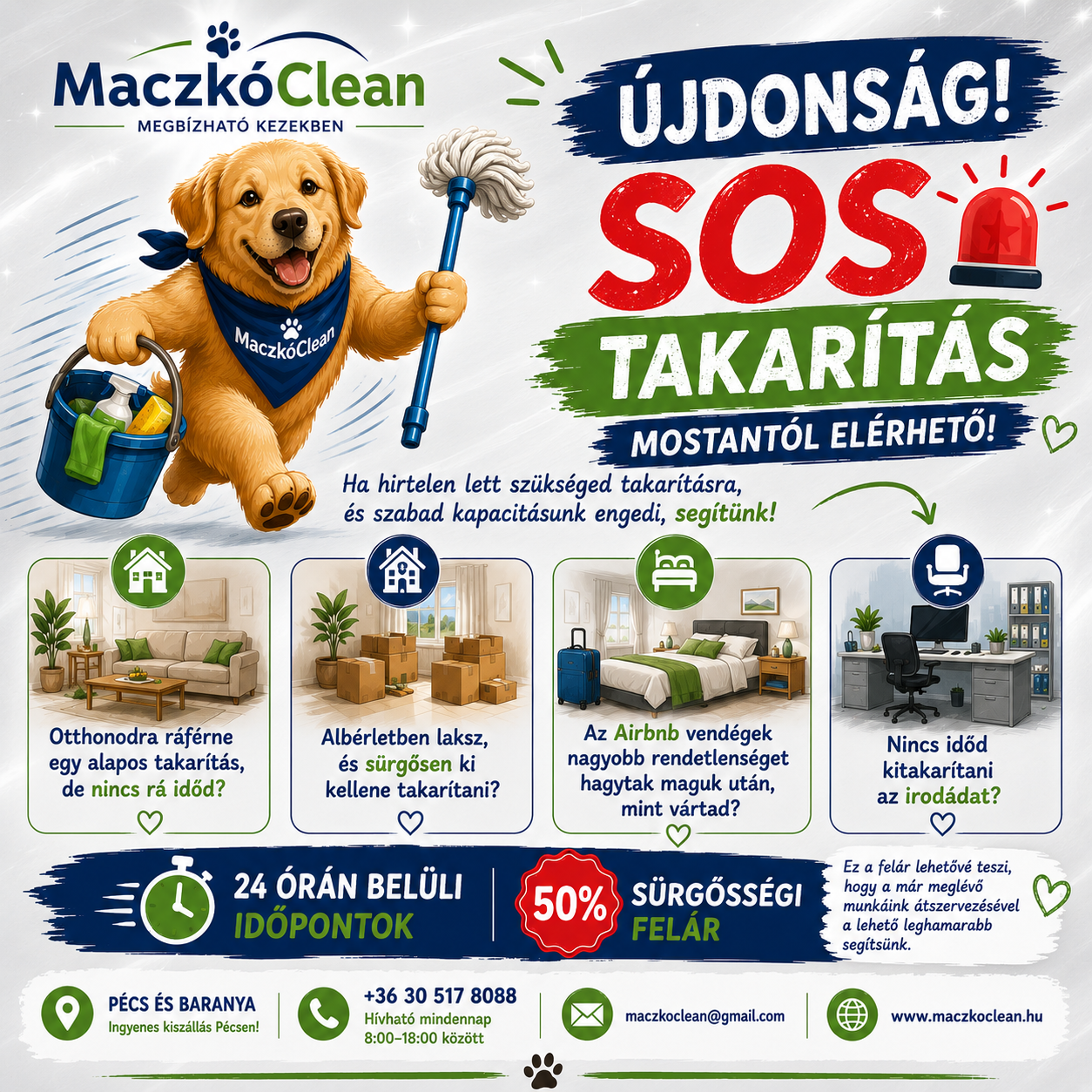 MaczkóClean SOS takarítás szolgáltatás Pécsen – sürgős lakás-, iroda- és Airbnb takarítás akár 24 órán belüli időponttal.